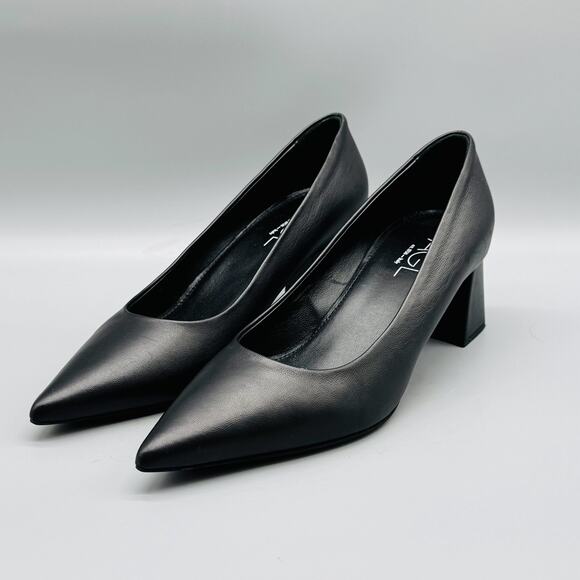 AGL Shoes Womens 8 Black Leather Pumps Pointed Toe Slip On Classic Block Heel - Picture 4 of 11